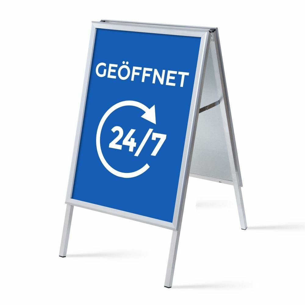 Kundenstopper A1 Komplettset Motiv „Geöffnet 24/7“ Blau Deutsch