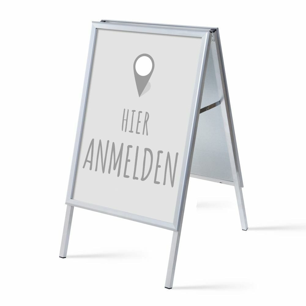 Kundenstopper A1 Komplettset Motiv „Hier Anmelden“ Grau Deutsch