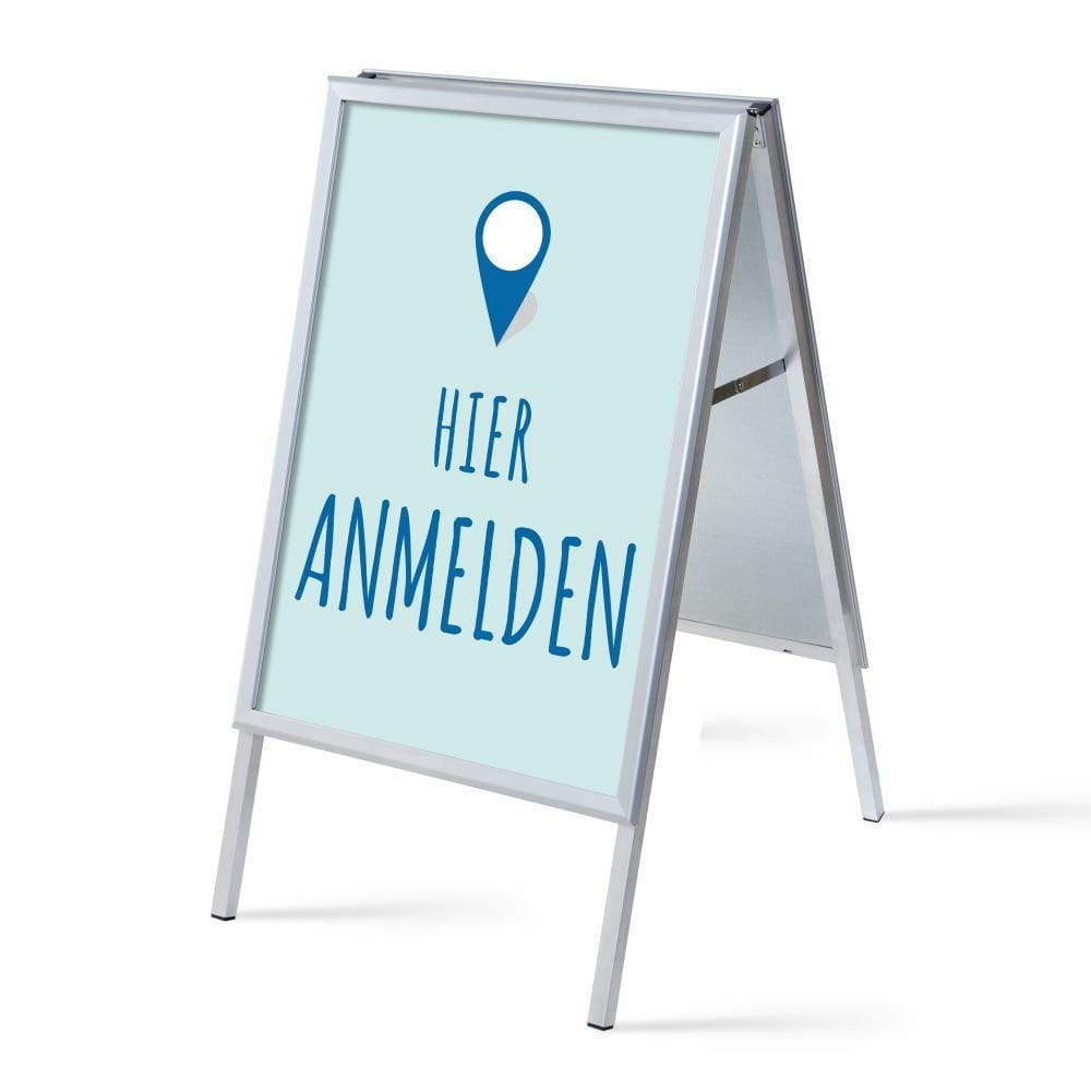 Kundenstopper A1 Komplettset Motiv „Hier Anmelden“ Blau Deutsch