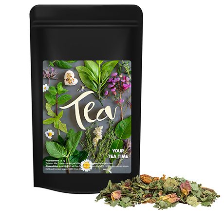 Kräutertee Glücksgefühle, ca. 40g, Standbeutel Midi schwarz