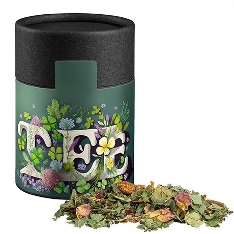 Kräutertee Glücksgefühle, ca. 40g, Kraftpapierdose Midi schwarz