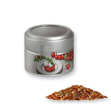 Gewürzmischung Tomate-Mozzarella, ca. 40g, Metalldose Mini mit Sichtfenster silber