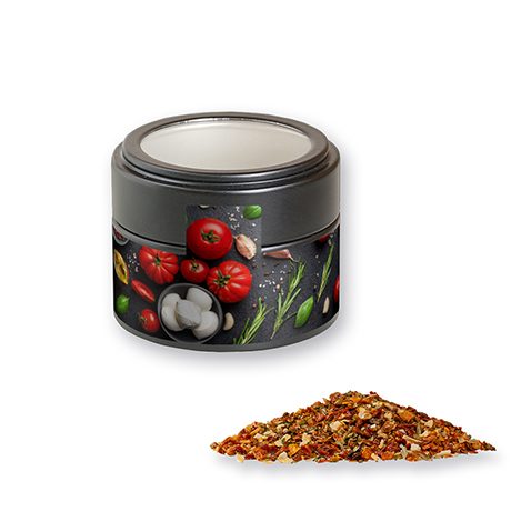 Gewürzmischung Tomate-Mozzarella, ca. 40g, Metalldose Mini mit Sichtfenster schwarz