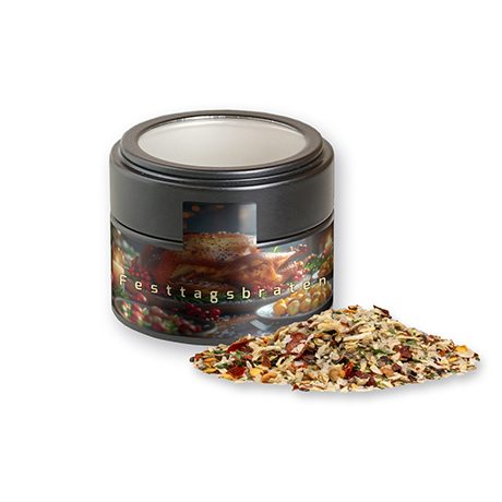 Weihnachts Gewürzmischung Braten, ca. 50g, Metalldose Mini mit Sichtfenster schwarz
