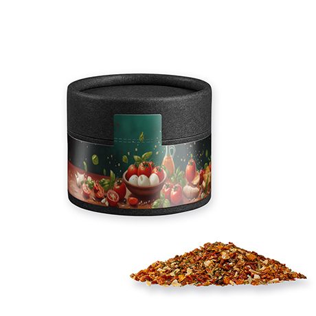 Gewürzmischung Tomate-Mozzarella, ca. 28g, Kraftpapierdose Mini schwarz