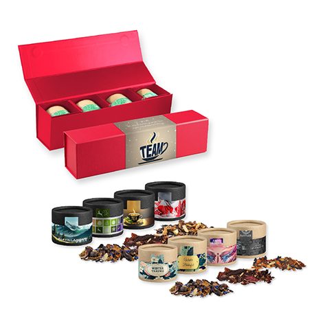 Verschiedene Weihnachts Teesorten, ca. 80-120g, Geschenk-Set Premium rot mit Magnetverschluss und 4 Kraftpapierdosen Mini