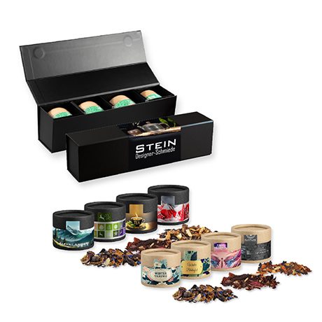 Verschiedene Weihnachts Teesorten, ca. 80-120g, Geschenk-Set Premium schwarz mit Magnetverschluss und 4 Kraftpapierdosen Mini