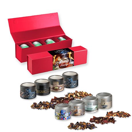 Verschiedene Weihnachts Teesorten, ca. 120-140g, Geschenk-Set Premium rot mit Magnetverschluss und 4 Metalldosen Mini mit Sichtfenster