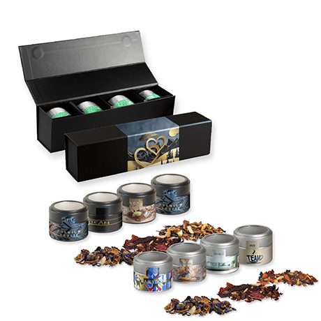 Verschiedene Weihnachts Teesorten, ca. 120-140g, Geschenk-Set Premium schwarz mit Magnetverschluss und 4 Metalldosen Mini mit Sichtfenster