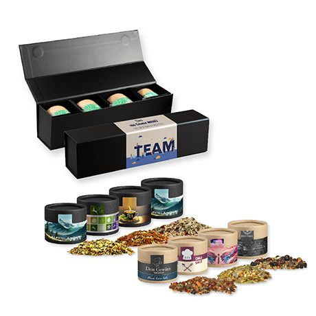 Verschiedene Weihnachts Gewürzmischungen, ca. 80-160g, Geschenk-Set Premium schwarz mit Magnetverschluss und 4 Kraftpapierdosen Mini
