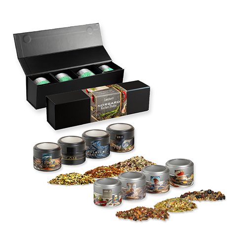 Verschiedene Weihnachts Gewürzmischungen, ca. 120-140g, Geschenk-Set Premium schwarz mit Magnetverschluss und 4 Metalldosen Mini mit Sichtfenster