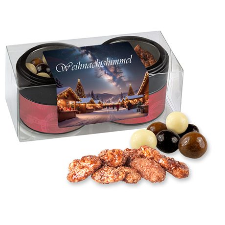 Knusper Weihnachtsset mit feuergebrannten Mandeln und Knusperkugeln im MIx, ca. 105g, Metalldose Mini mit Sichtfenster im 2er Set