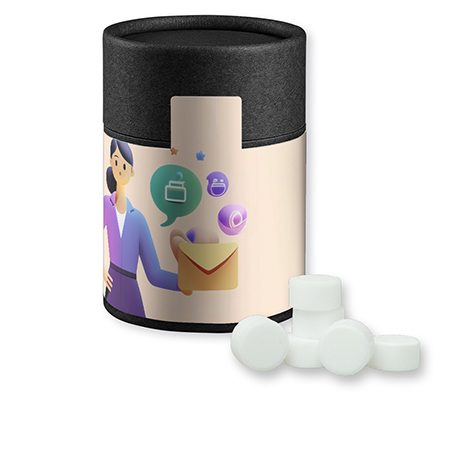 Pfefferminz Drops zuckerfrei, ca. 80g, Kraftpapierdose Midi schwarz