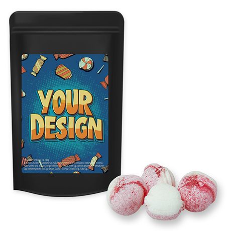 Erdbeer-Joghurt Bonbons, ca. 80g, Standbeutel Midi schwarz