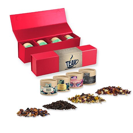 Verschiedene Teesorten, ca. 60-140g, Geschenk-Set Premium rot mit Magnetverschluss und 4 Kraftpapierdosen Mini