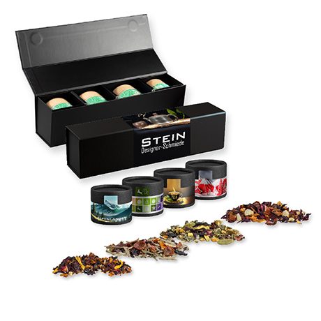Verschiedene Teesorten, ca. 60-140g, Geschenk-Set Premium schwarz mit Magnetverschluss und 4 Kraftpapierdosen Mini