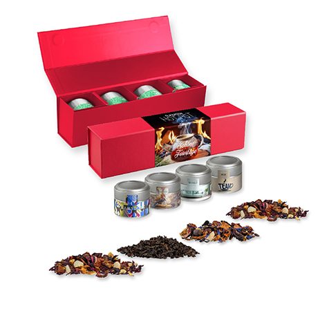 Verschiedene Teesorten, ca. 60-140g, Geschenk-Set Premium rot mit Magnetverschluss und 4 Metalldosen Mini mit Sichtfenster