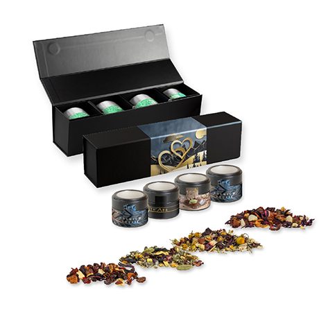 Verschiedene Teesorten, ca. 60-140g, Geschenk-Set Premium schwarz mit Magnetverschluss und 4 Metalldosen Mini mit Sichtfenster