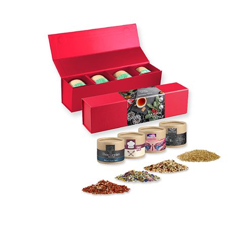 verschiedene Gewürzmischungen (Kategorie 3), ca. 100-300g, Geschenk-Set Premium rot mit Magnetverschluss und 4 Kraftpapierdosen Mini