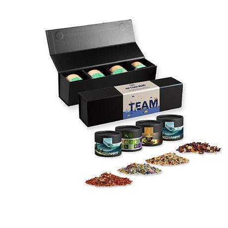 verschiedene Gewürzmischungen (Kategorie 3), ca. 100-300g, Geschenk-Set Premium schwarz mit Magnetverschluss und 4 Kraftpapierdosen Mini