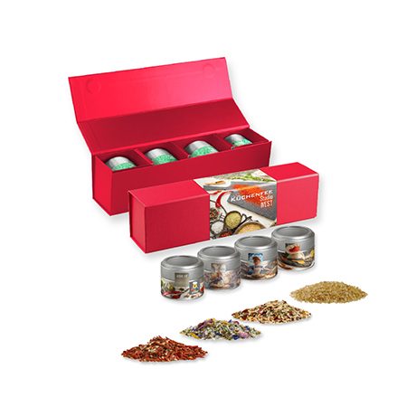 verschiedene Gewürzmischungen (Kategorie 1), ca. 160-440g, Geschenk-Set Premium rot mit Magnetverschluss und 4 Metalldosen Mini mit Sichtfenster