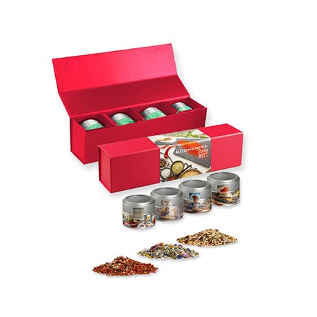 verschiedene Gewürzmischungen (Kategorie 3), ca. 140-440g, Geschenk-Set Premium rot mit Magnetverschluss und 4 Metalldosen Mini mit Sichtfenster