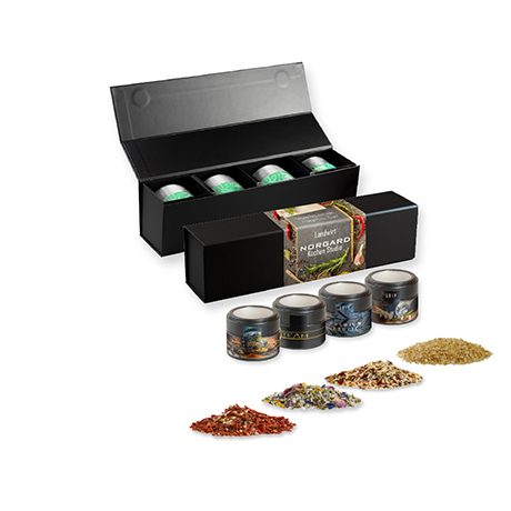 verschiedene Gewürzmischungen (Kategorie 1), ca. 160-440g, Geschenk-Set Premium schwarz mit Magnetverschluss und 4 Metalldosen Mini mit Sichtfenster