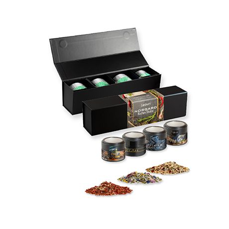 verschiedene Gewürzmischungen (Kategorie 2), ca. 64-260g, Geschenk-Set Premium schwarz mit Magnetverschluss und 4 Metalldosen Mini mit Sichtfenster