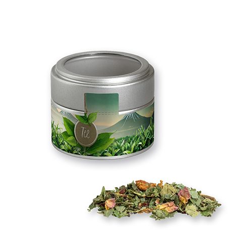 Kräutertee Glücksgefühle, ca. 25g, Metalldose Mini mit Sichtfenster silber
