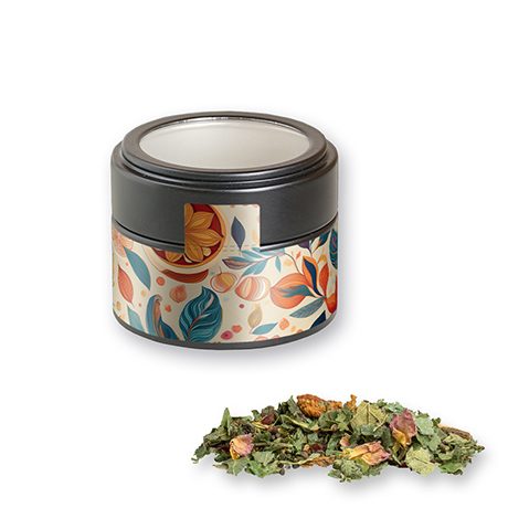 Kräutertee Glücksgefühle, ca. 25g, Metalldose Mini mit Sichtfenster schwarz