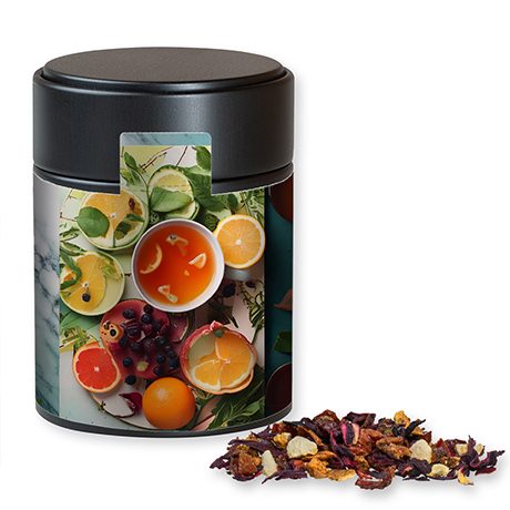 Früchtetee gute Laune, ca. 60g, Metalldose Midi schwarz