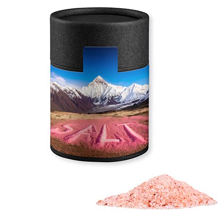 Rosa Kristallsalz, ca. 135g, Kraftpapierdose Midi schwarz