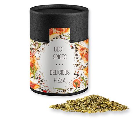 Gewürzmischung Pizza-Kräuter, ca. 25g, Kraftpapierdose Midi schwarz