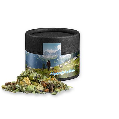 Kräutertee Bergtee & Zitrus, ca. 15g, Kraftpapierdose Mini schwarz