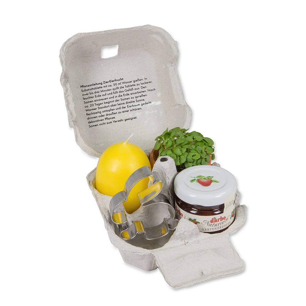 Das Gelbe vom Ei, mit Tontöpfchen, Eierkerze, Marmelade und Backförmchen