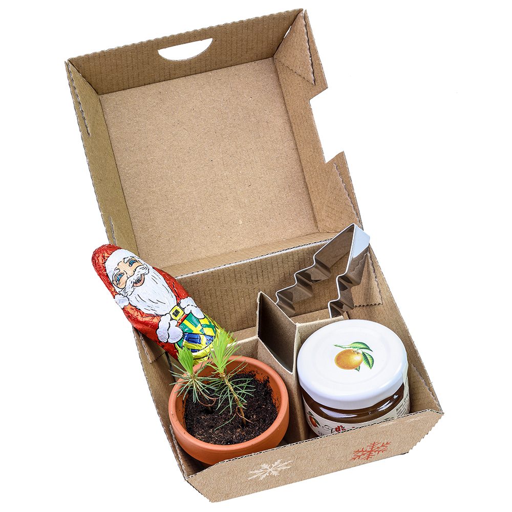Geschenk-Set Xmas, V3 - Tontöpfchen, Schoko-Nikolaus, Backförmchen Tannenbaum und ein Gläschen Orangenmarmelade