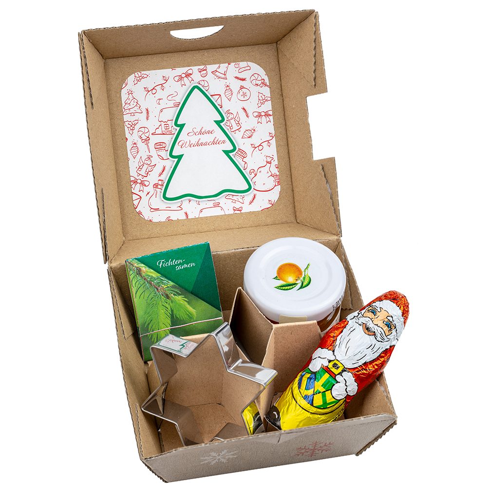 Geschenk-Set Xmas, V5 - Samen-Stick Fichte, Backförmchen Stern, ein Gläschen Orangenmarmelade und Schoko-Nikolaus