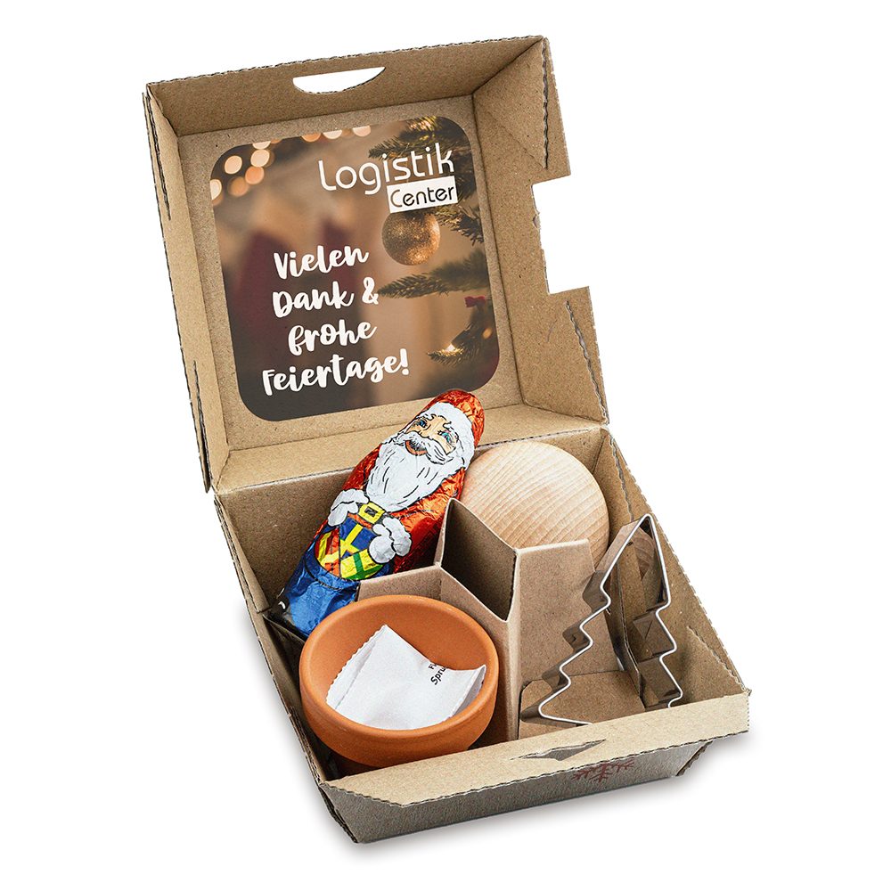 Geschenk-Set Xmas, V6 - Tontöpfchen mit Fichtensamen, Schoko-Nikolaus, Backförmchen Tannenbaum, Handschmeichler