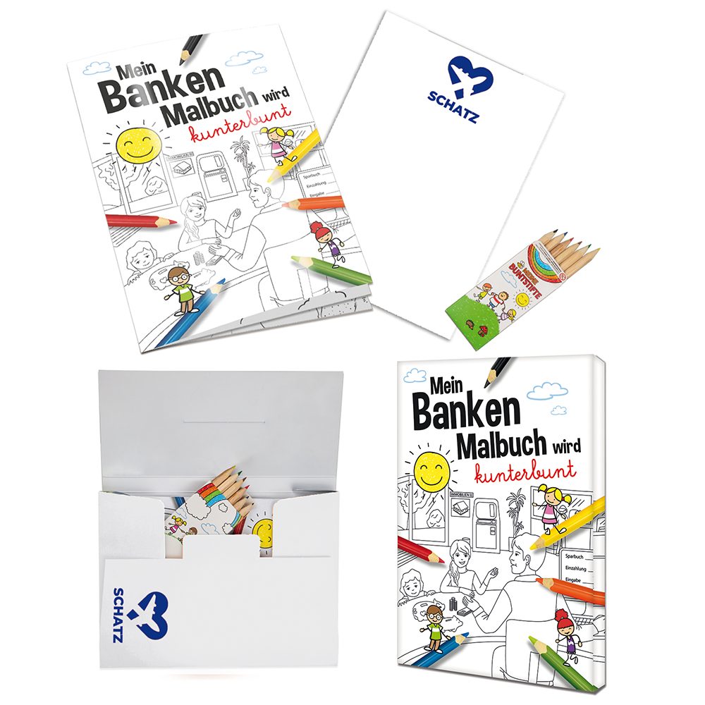 Malbuch / Mal-Set A6 - Banken, Malset mit 1-c Logoeindruck