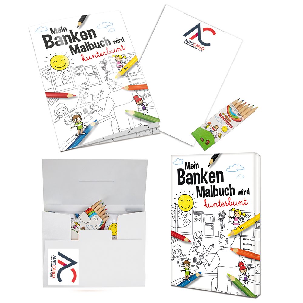 Malbuch / Mal-Set A6 - Banken, Malset mit 2-c Logoeindruck