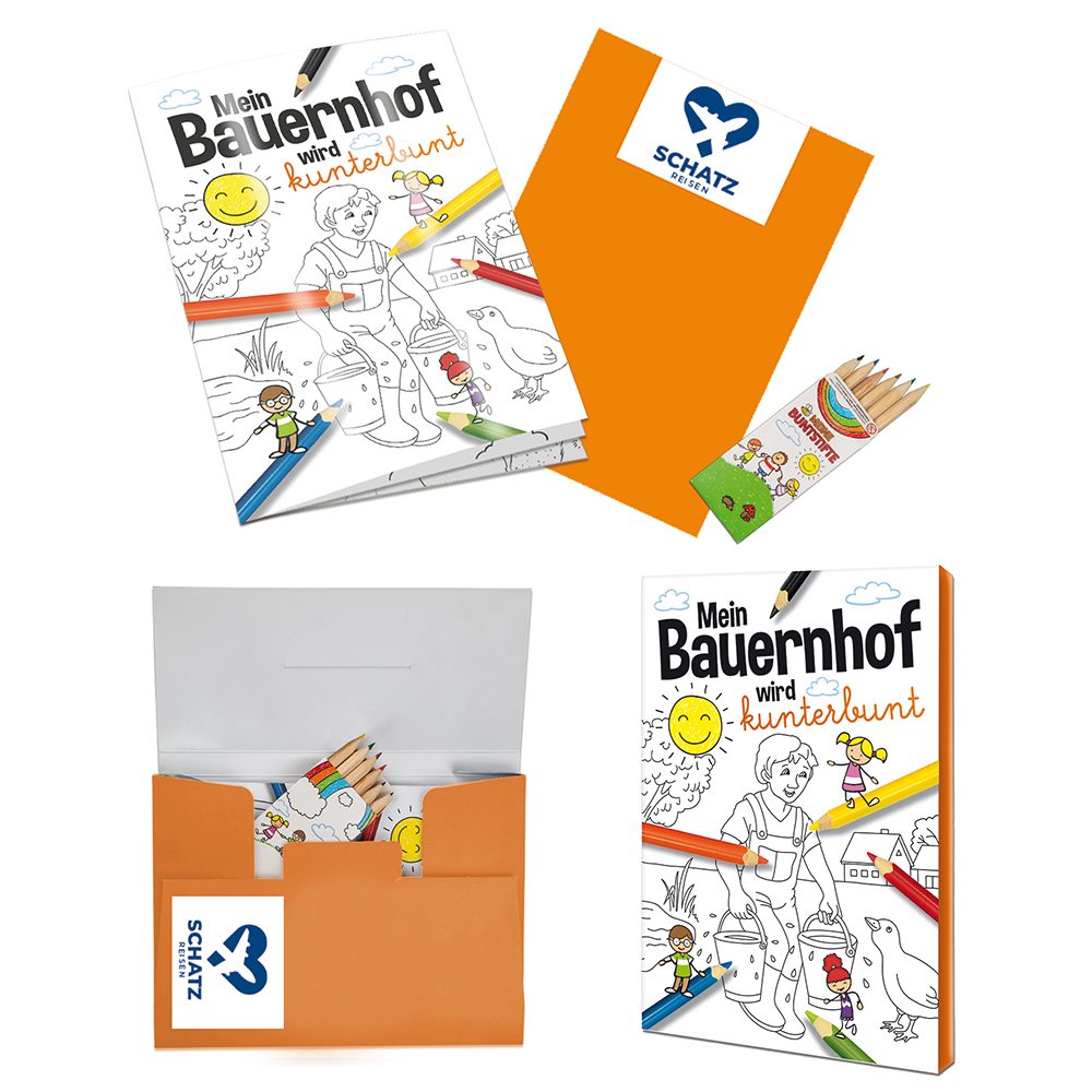 Malbuch / Mal-Set A6 - Bauernhof, Malset mit 1-c Logoeindruck
