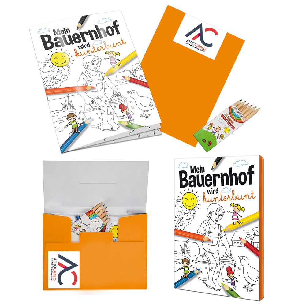 Malbuch / Mal-Set A6 - Bauernhof, Malset mit 2-c Logoeindruck