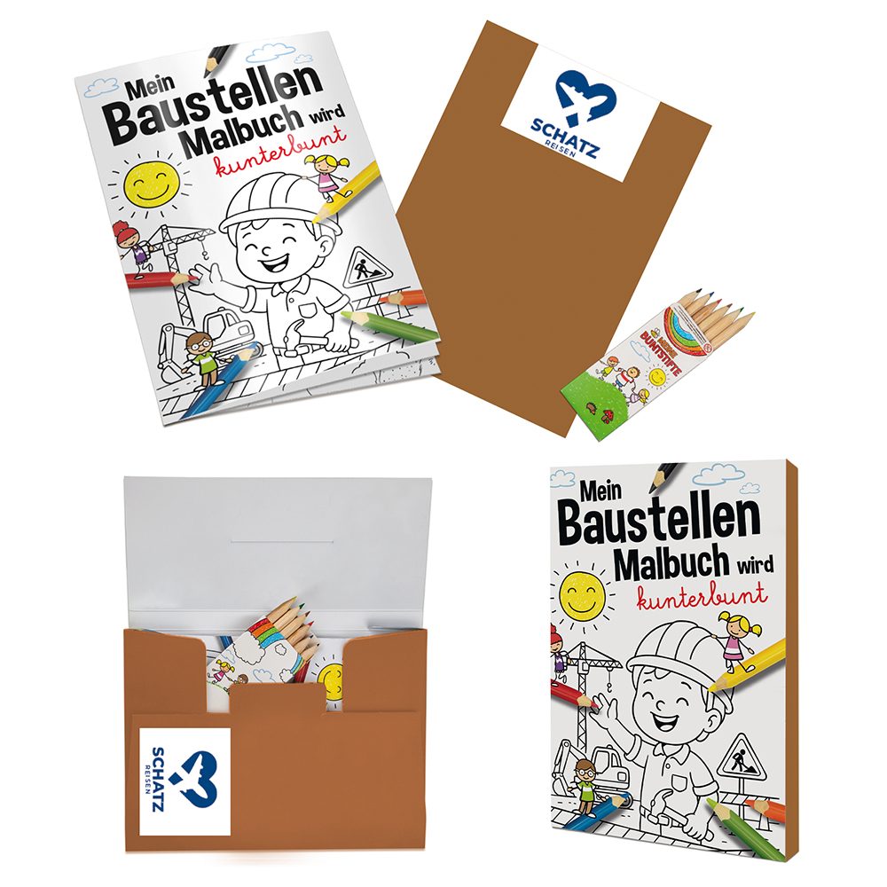 Malbuch / Mal-Set A6 - Baustelle, Malset mit 1-c Logoeindruck (ab 500 Stk.)