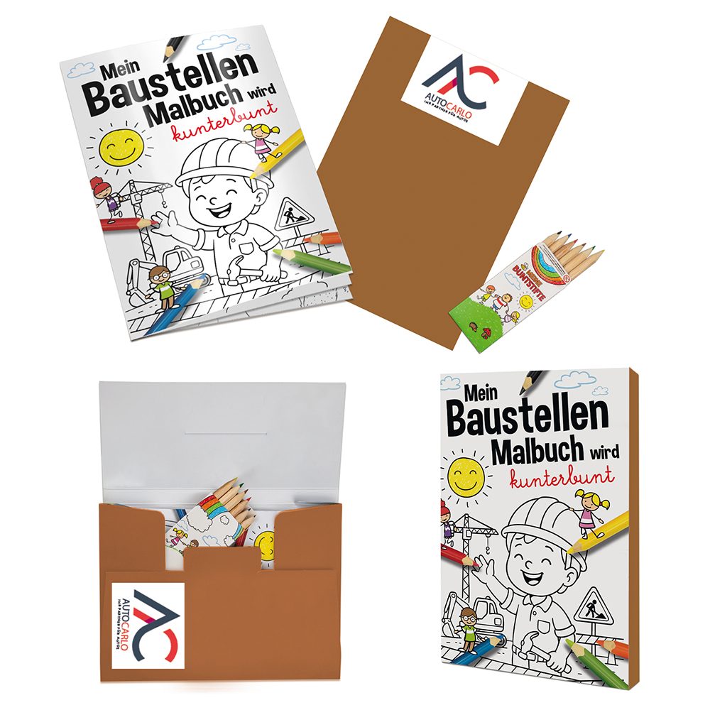 Malbuch / Mal-Set A6 - Baustelle, Malset mit 2-c Logoeindruck (ab 500 Stk.)