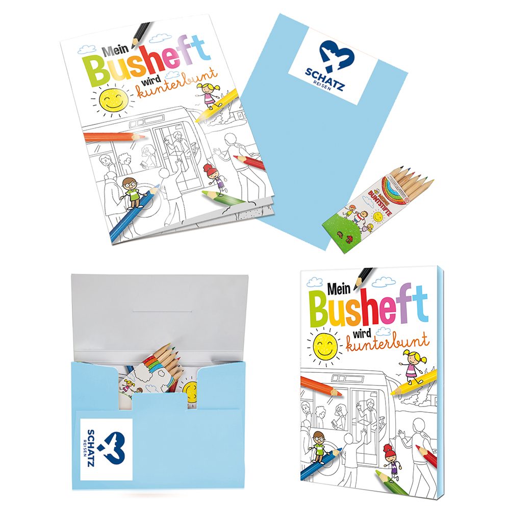 Malbuch / Mal-Set A6 - Bus, Malset mit 1-c Logoeindruck