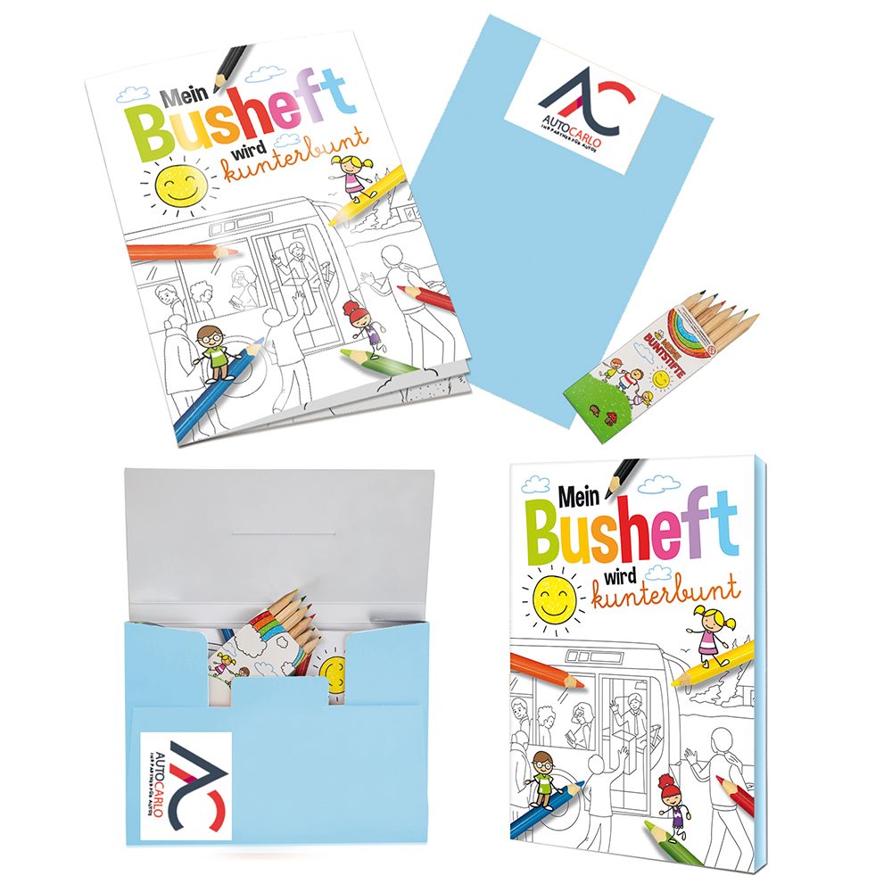 Malbuch / Mal-Set A6 - Bus, Malset mit 2-c Logoeindruck