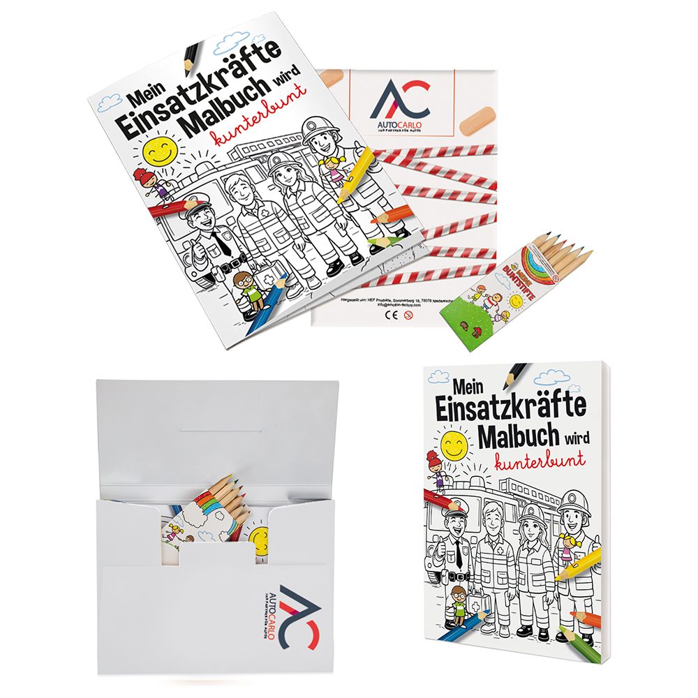 Malbuch / Mal-Set A6 - Einsatzkräfte, Malset mit 2-c Logoeindruck (ab 500 Stk.)