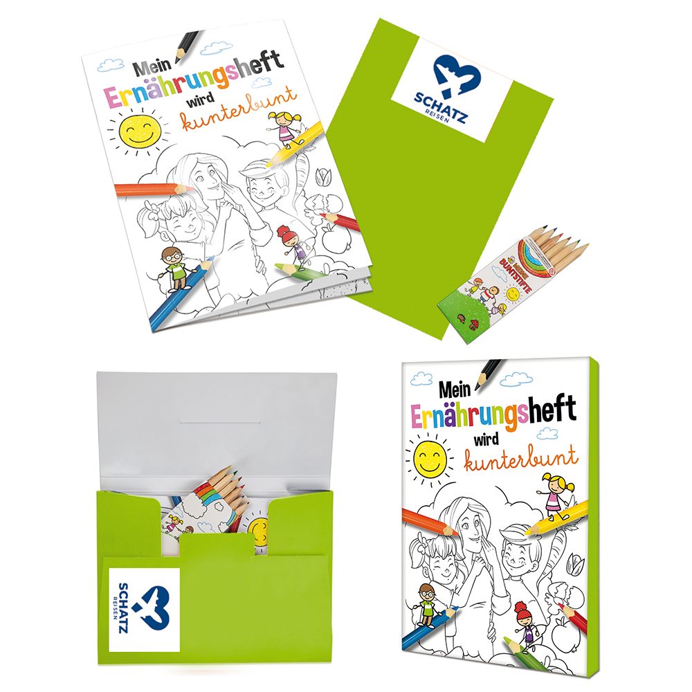 Malbuch / Mal-Set A6 - Ernährung, Malset mit 1-c Logoeindruck