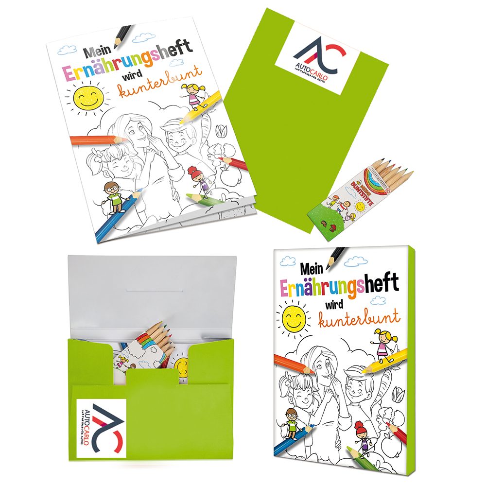 Malbuch / Mal-Set A6 - Ernährung, Malset mit 2-c Logoeindruck