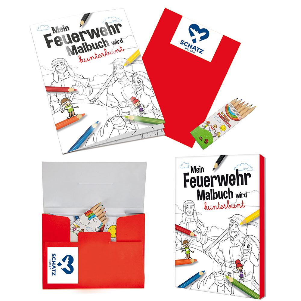 Malbuch / Mal-Set A6 - Feuerwehr, Malset mit 1-c Logoeindruck